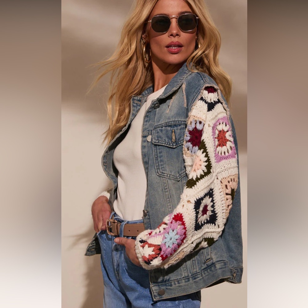 Boutique style Denim Jacket with Crochet Sleeves rhinestone embellishment